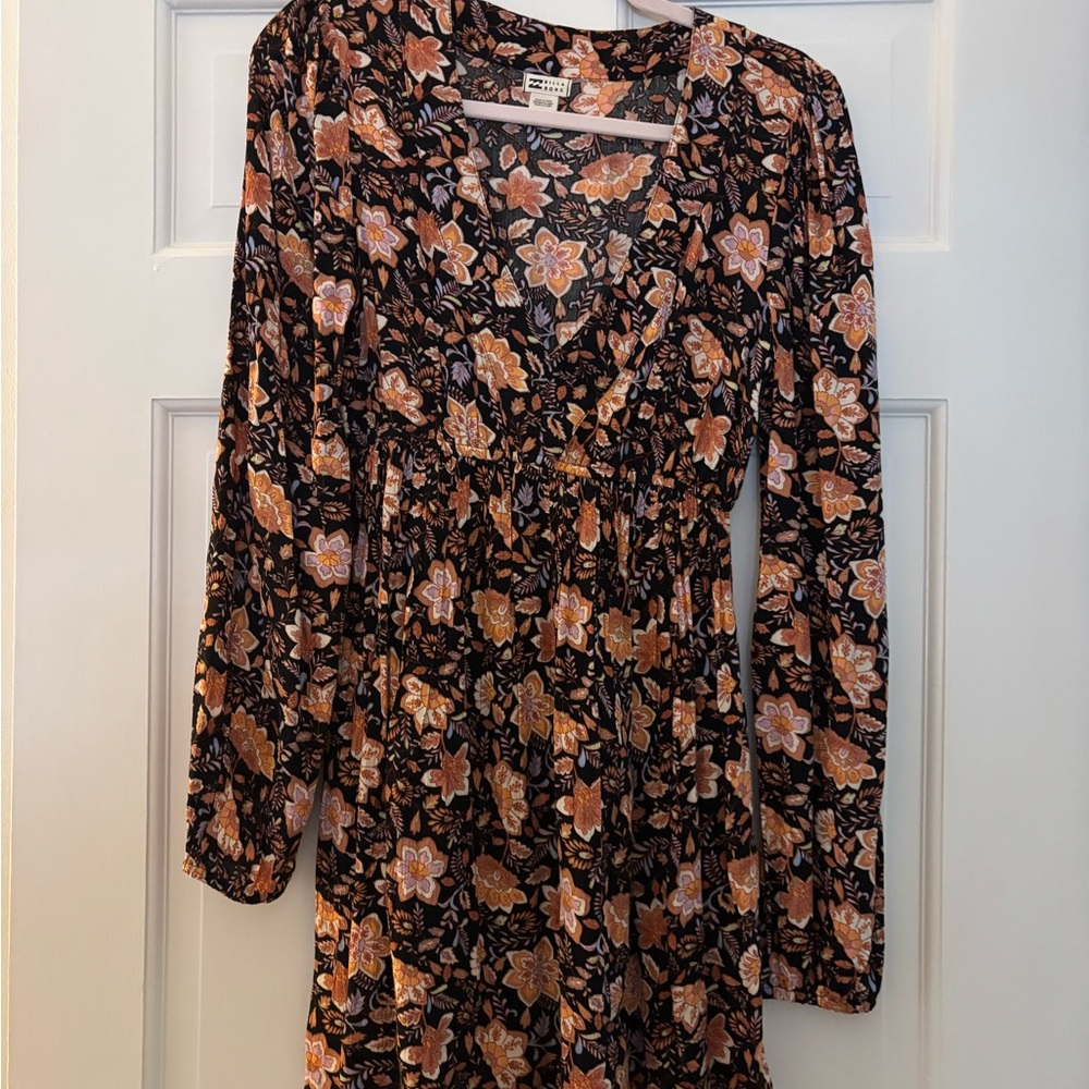 Billabong Black and Orange Floral Long Sleeve Dress